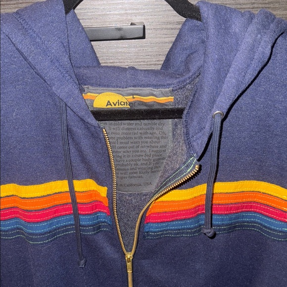 Aviator Nation Navy Blue Hooded Sweater with Multicolor Stripes sz Large - Picture 9 of 14